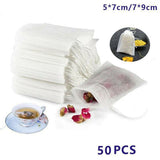 50PCS Empty Tea Filter Bags Drawstring Disposable Herb Spice Soup Pouches - 5x7cm