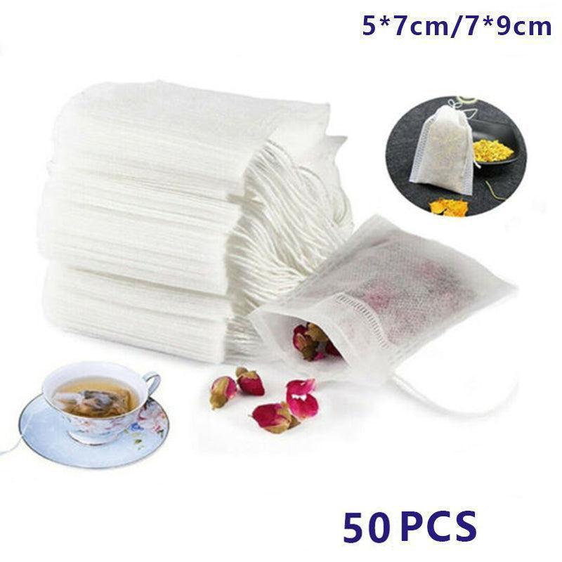 50PCS Empty Tea Filter Bags Drawstring Disposable Herb Spice Soup Pouches - 5x7cm