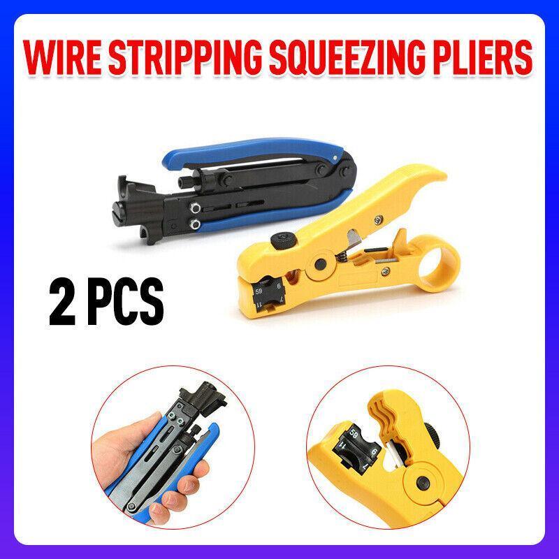 2pcs Coaxial Cable Crimper and Wire Stripper Tool Kit for RG6 RG59 RG11 F Type
