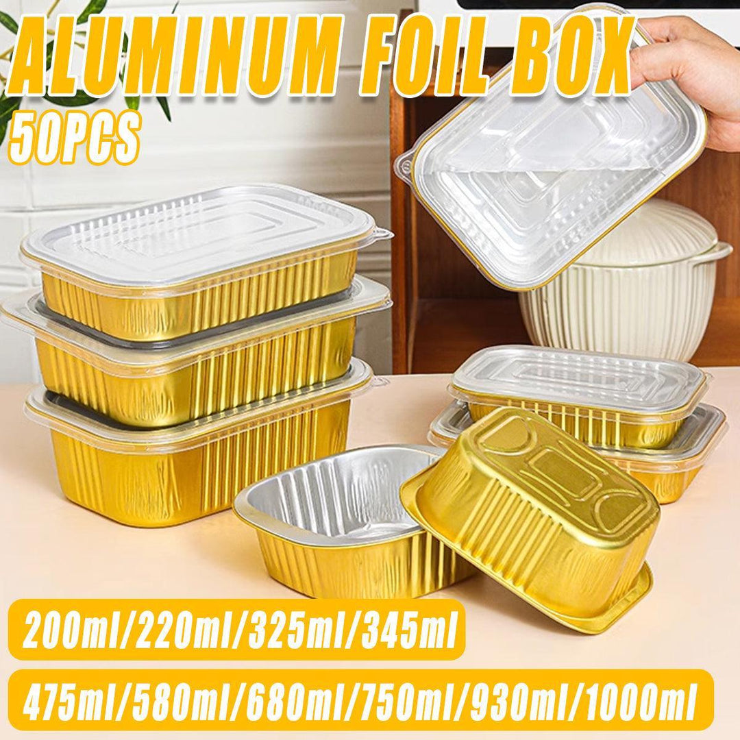 50 PCS Thickened Foil Box with Plastic Lid Rectangular Aluminum Foil - 1000ml