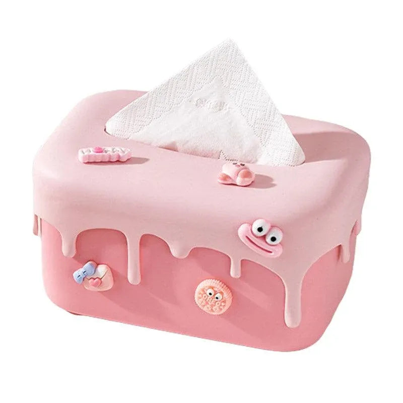 Cream Tissue Box Desktop Paper Holder Decorative Cardboard Napkin Storage Case - Pink