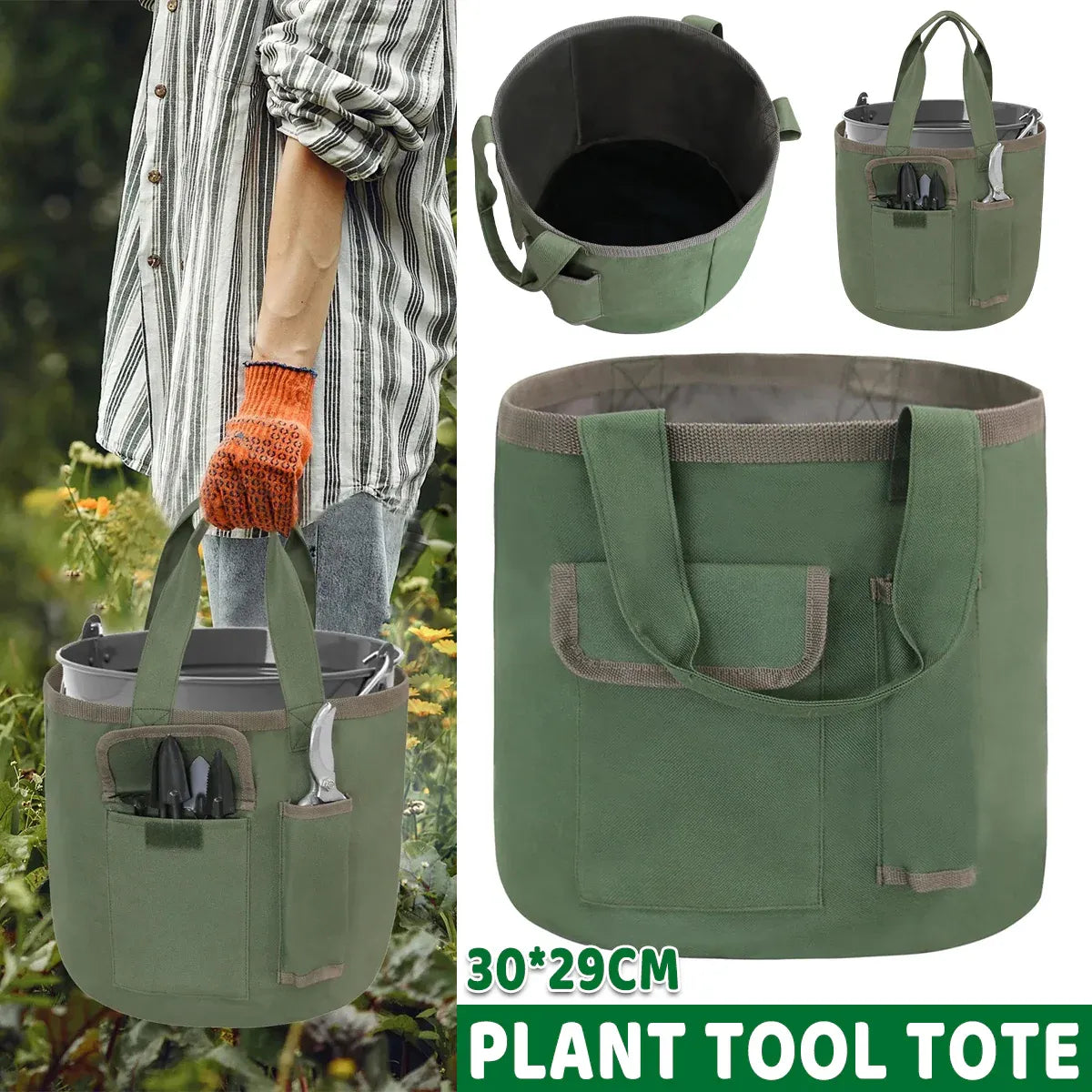 Waterproof Green Canvas Tool Storage Bag Portable Garden Bucket Organizer Use