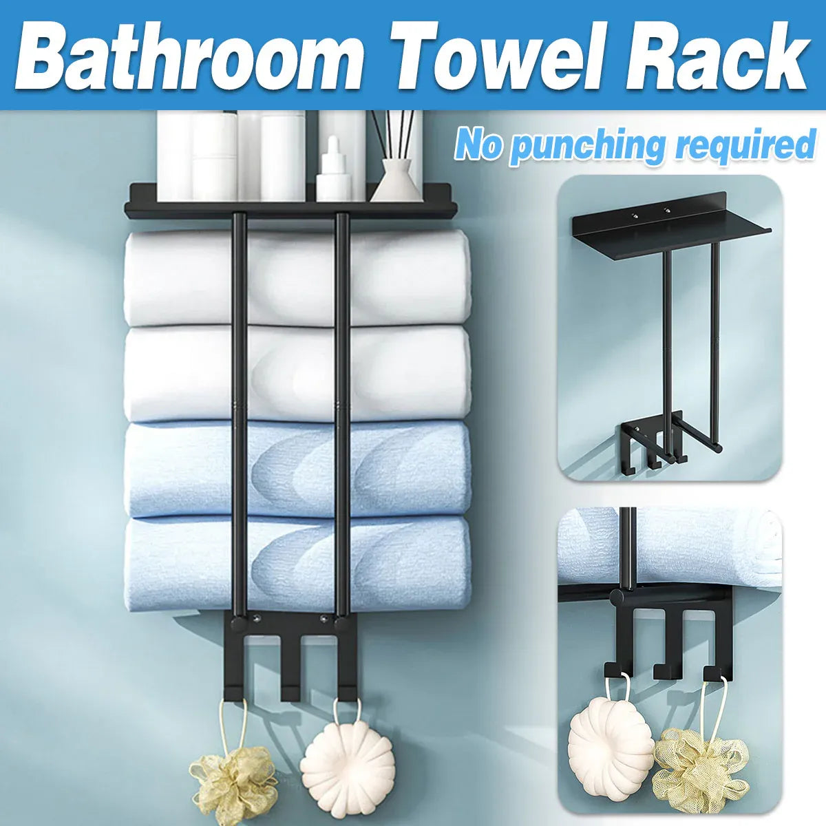 Bathroom Towel Rack Wall Mounted Storage Shelf Multifunction Holder for Toilet