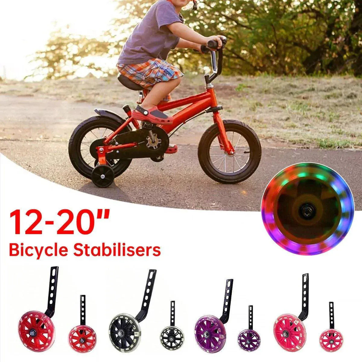 12-20 Inch Kids Bike Training Wheels Silent Flashing PVC Stabilizer Auxiliary - Purple