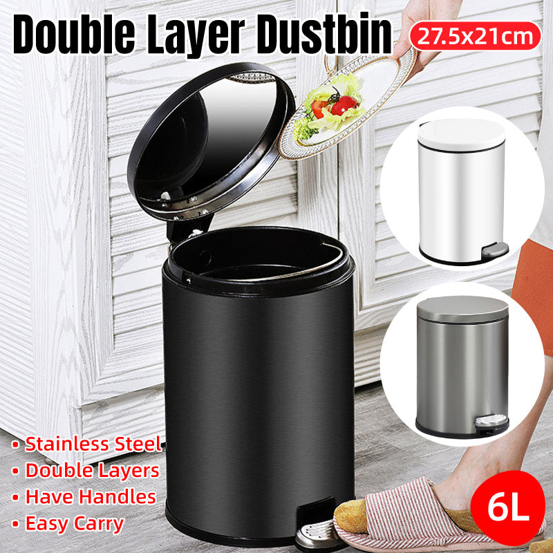 Trash Can Double Layer Foot Pedal Design with Lid Household Bin Kitchen Bathroom - Black