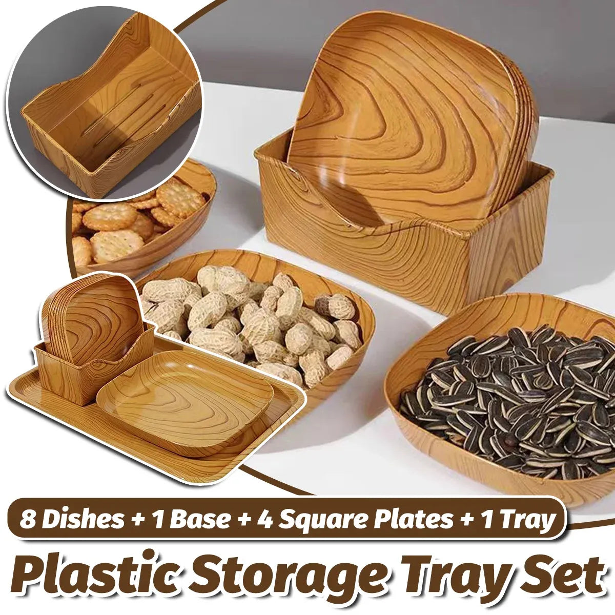 Snack Serving Tray Set Wood Grain Organiser Platter with Base Multi Compartment