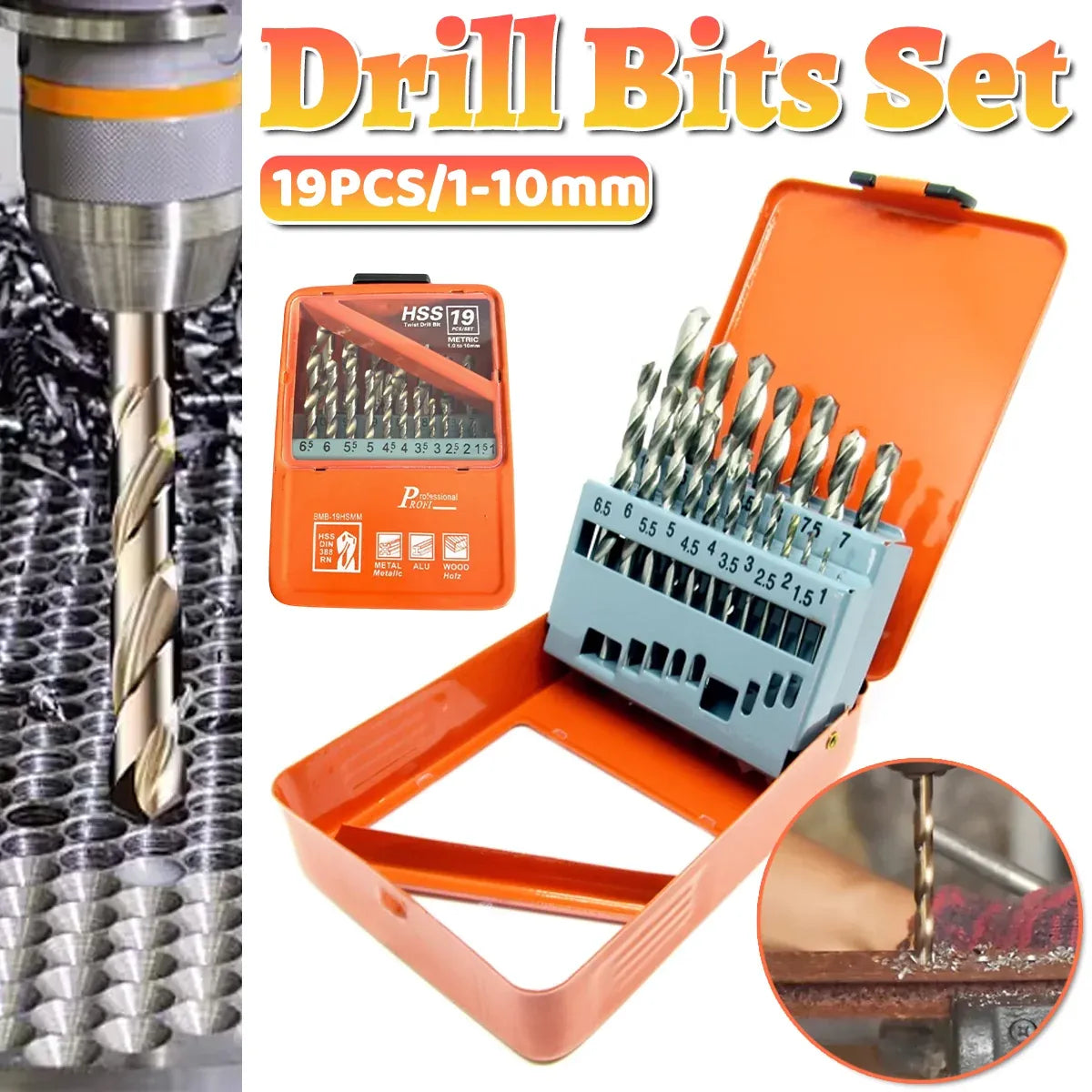 19pcs Straight Shank Twist Drill Bit Set High Speed Steel Metal Drilling Tool