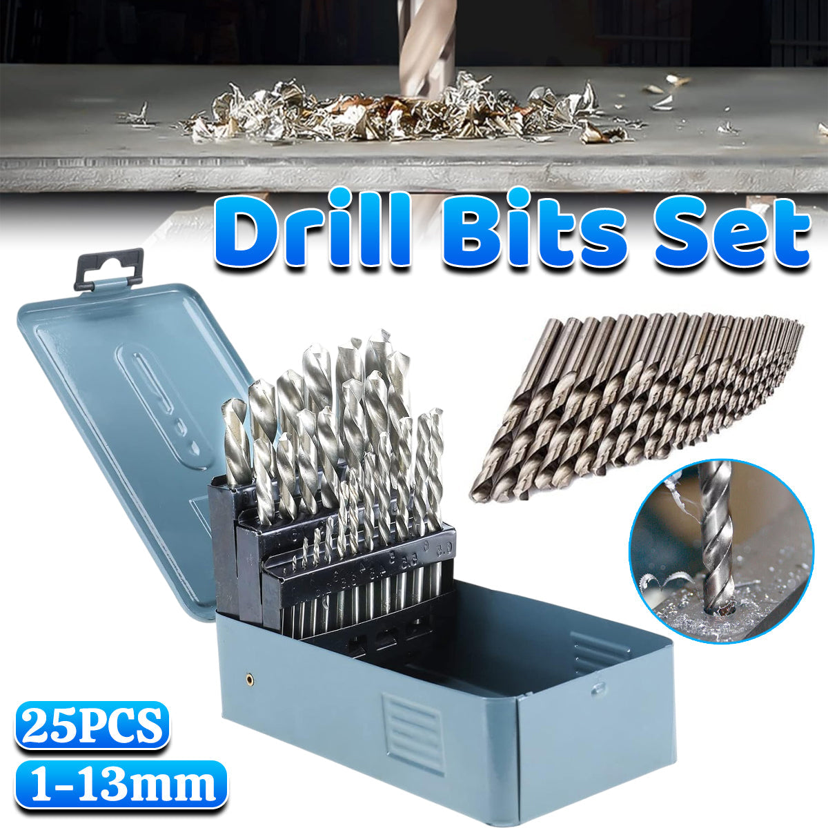 Drill Bits Set Metric Metal Twist High Speed HSS Steel Case 25pcs Coated Tool