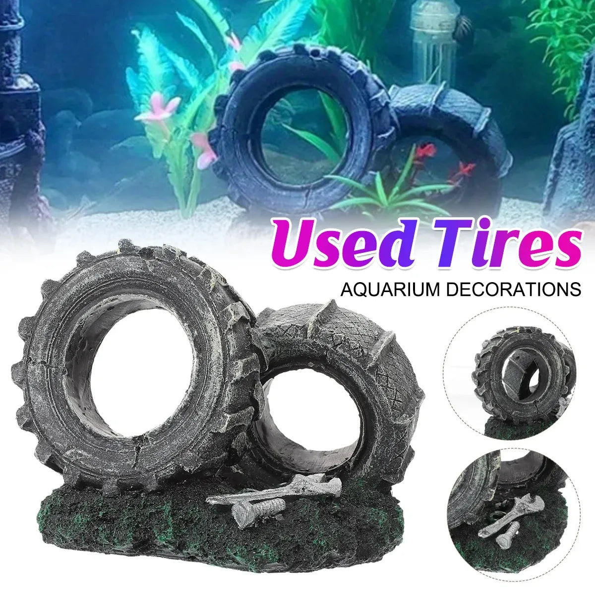 Aquarium Ornament Double Tire Aged Style Decoration for Fish Tank Landscape Home