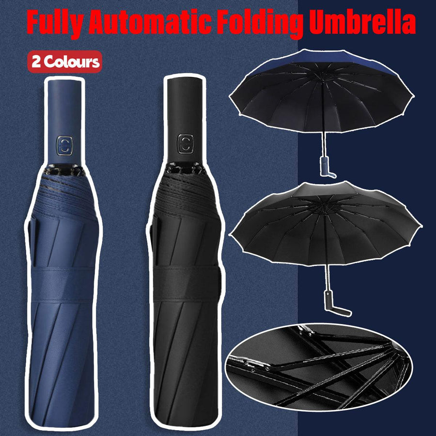 Automatic Folding Umbrella 12-Rib Large Windproof Sunshade for Men and Women - Black