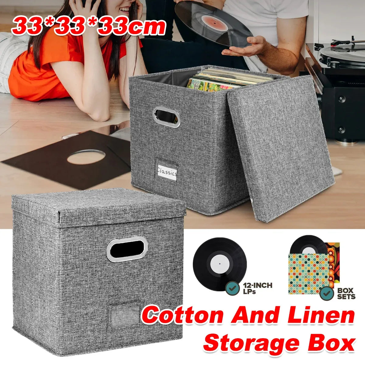 Linen Fabric Vinyl Record Storage Box Foldable With Lid Included Dustproof