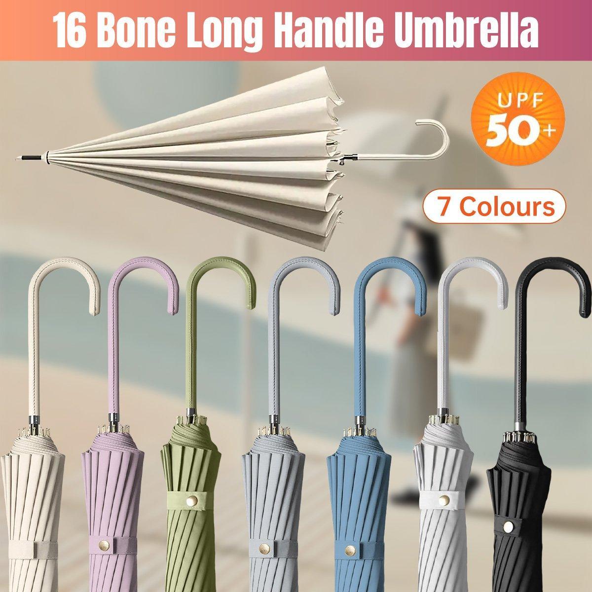 Large 16 Bone Automatic Umbrella Unisex Long Handle Dual Use Rain Sun Umbrella - Cyan