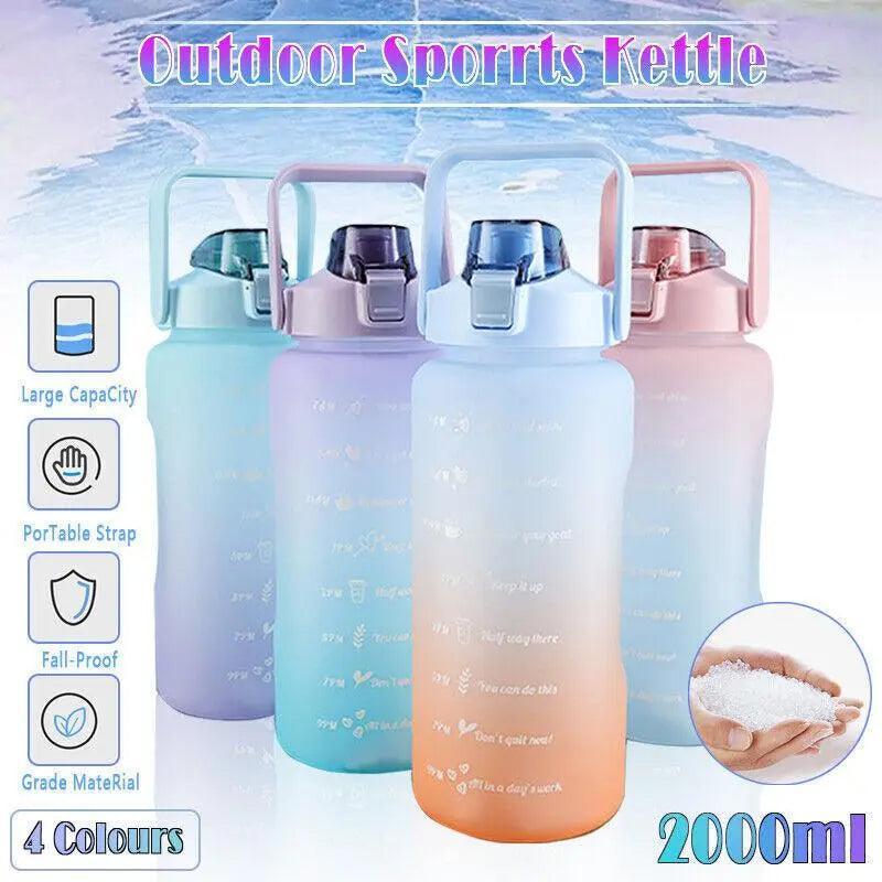 2L Large Water Bottle Straw Time Gradient Cup Fitness Jugs Sport Gym Training - Pink