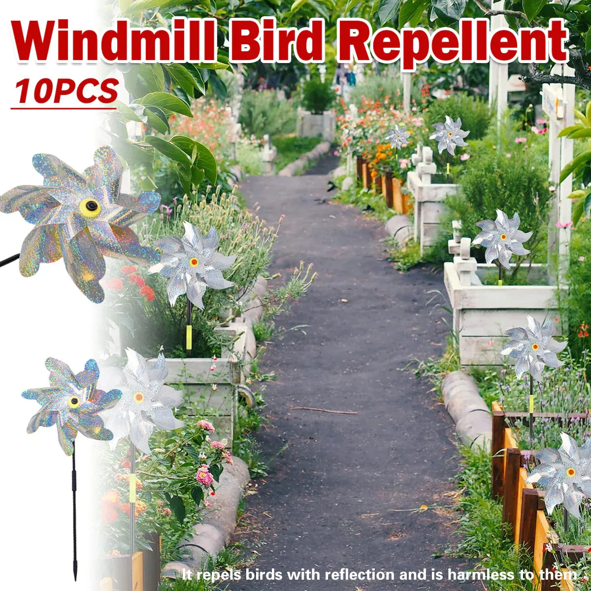 10PCS Reflective Windmill Bird Repeller Garden Stake Spinner Outdoor Plant Protection