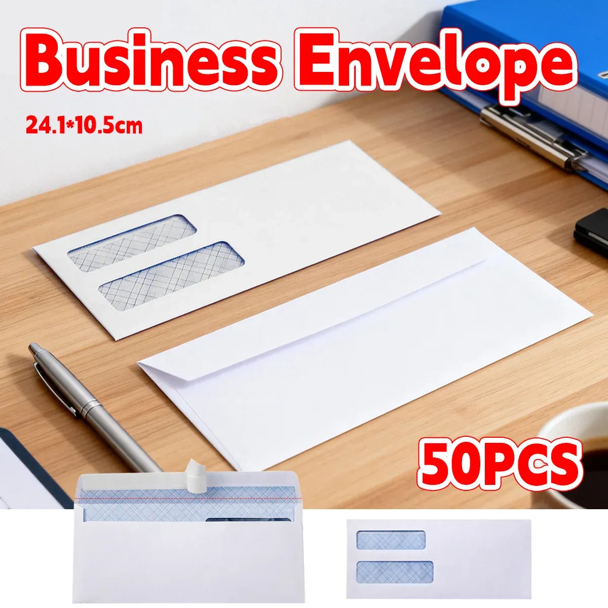 50 Pack White Double Window Business Envelopes Peel and Seal Mailing Envelopes