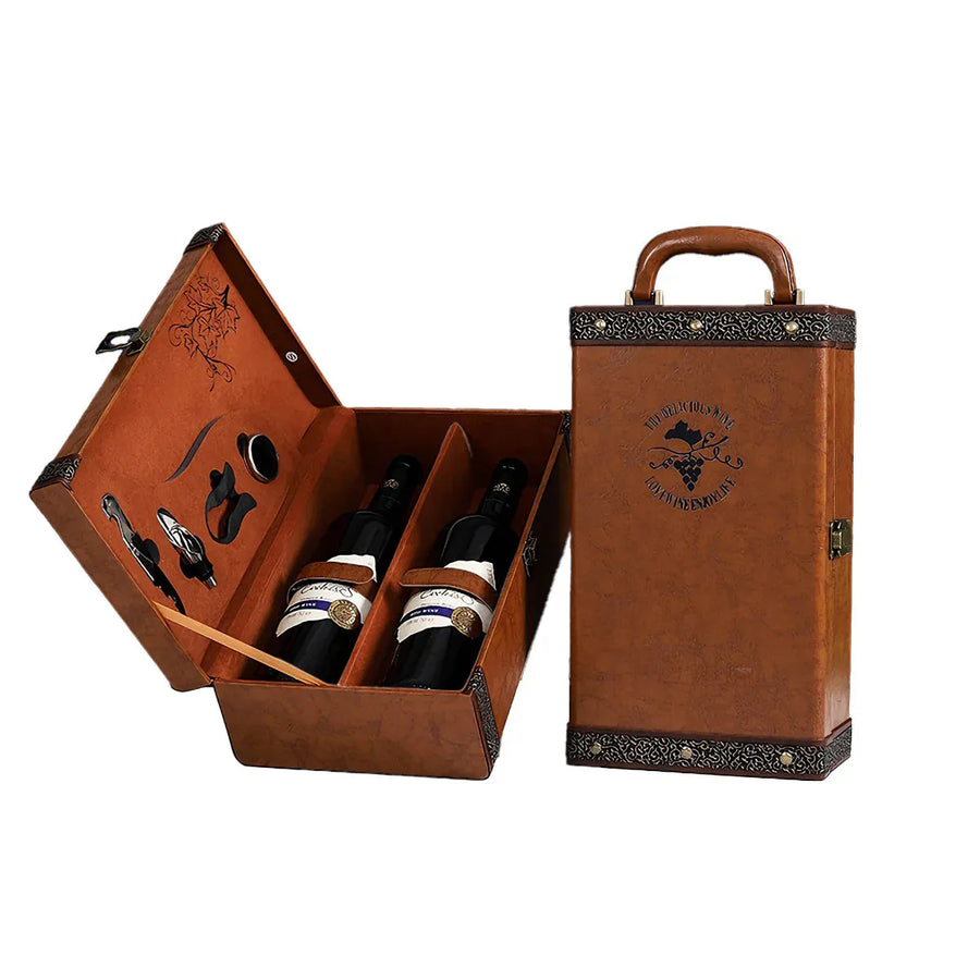 Portable Wine Gift Box Double Bottle with 4 Wine Accessories for Party - Brown