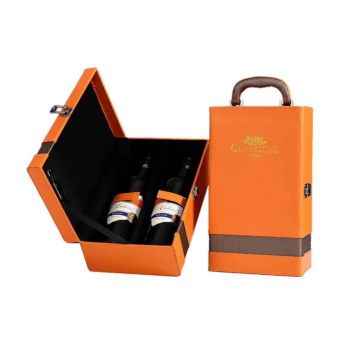 Portable Wine Gift Box Double Bottle with 4 Wine Accessories for Party - Orange