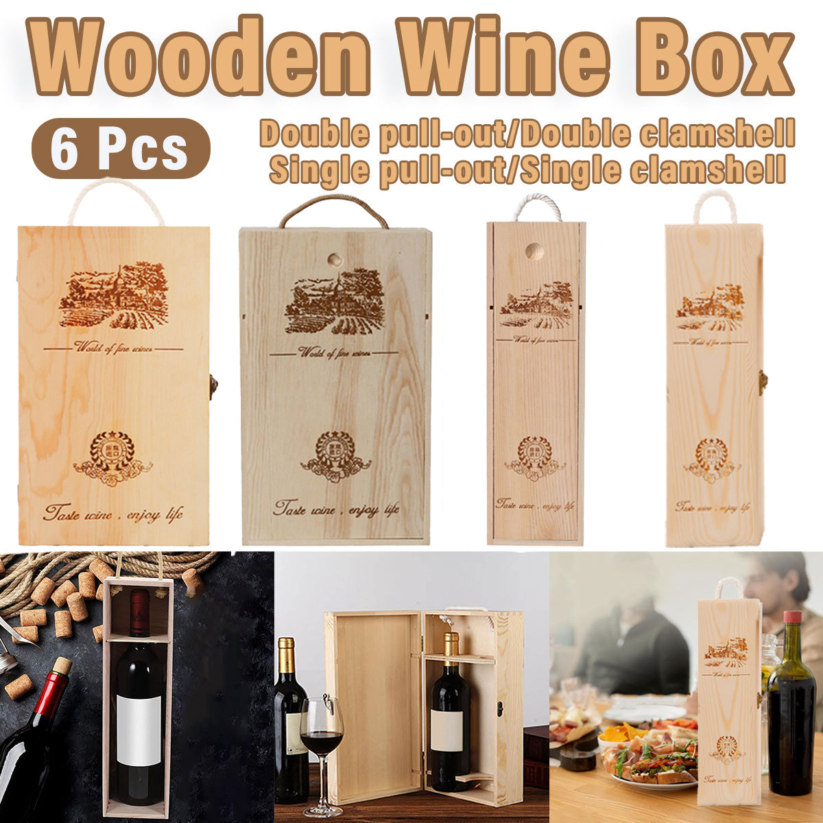 6pcs Red Wine Wooden Gift Box Packaging Storage Box for Wine Bottle Gifts - Double clamshell