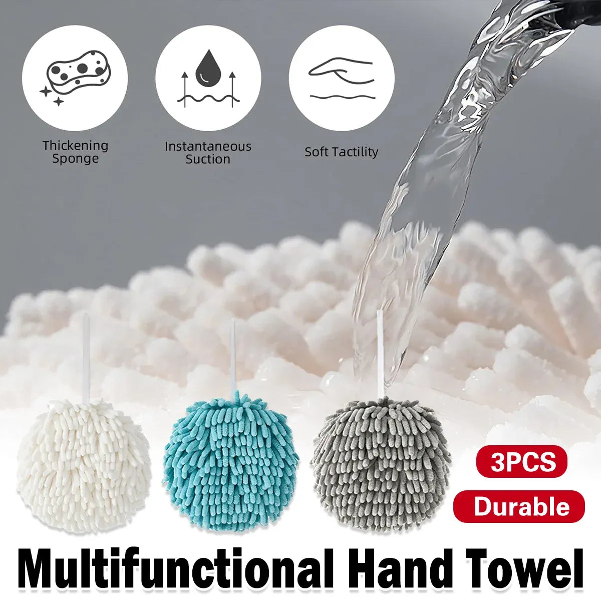 Chenille Hand Towel Ball 3PCS Absorbent Quick Dry Hanging Loop 17 x 17cm