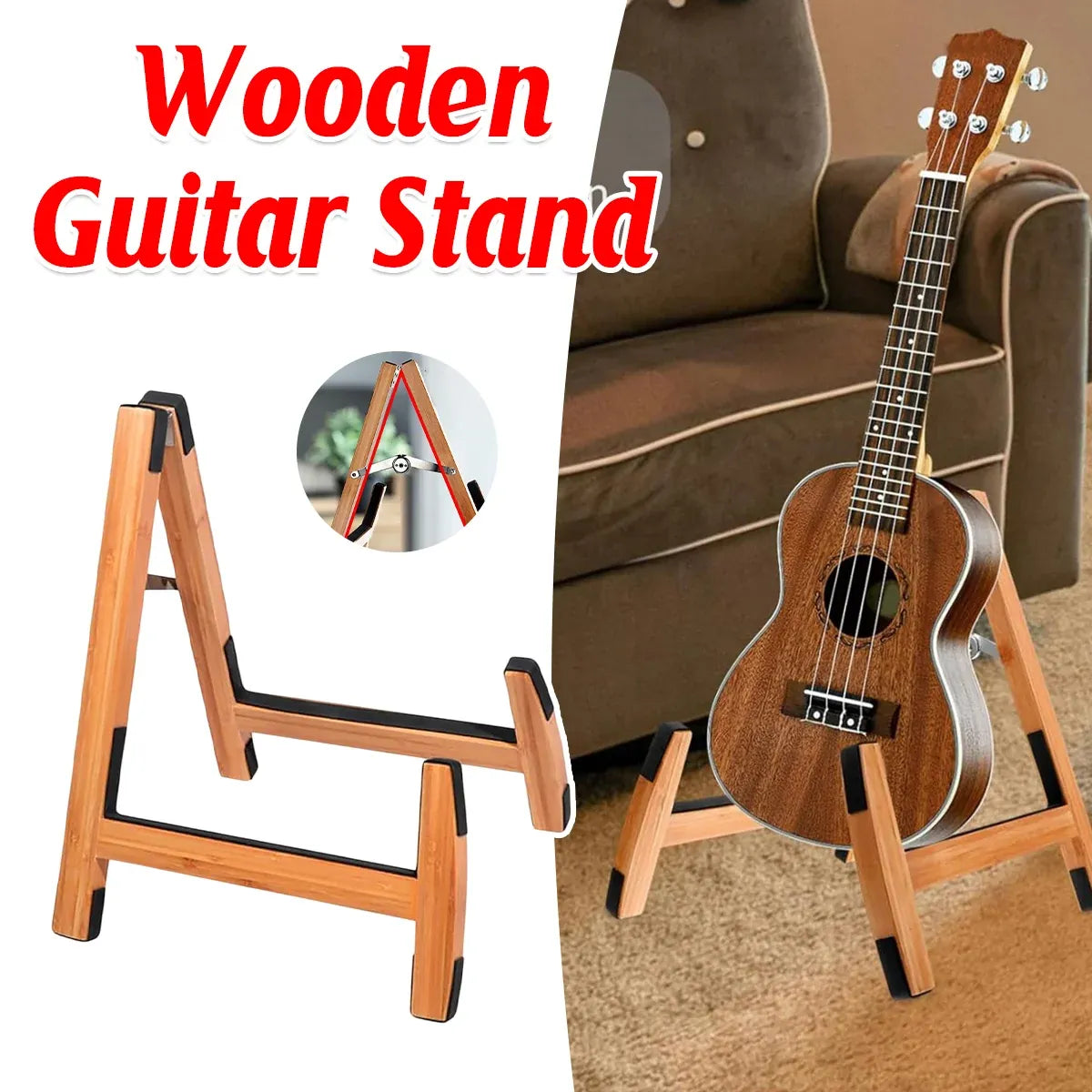 Bamboo Guitar Stand Foldable Adjustable Non Slip Multi Instrument A Frame 35cm