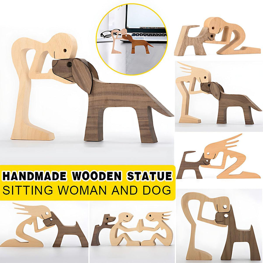 Handmade Wooden Statue Sitting Family and Dog Craft Home Decor - B07