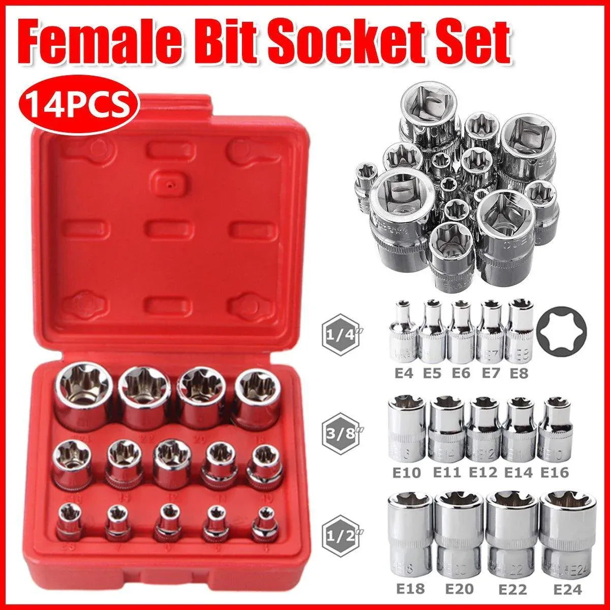 14x E Torx Socket Set Female Start Bit External Hex Torque E4-E24