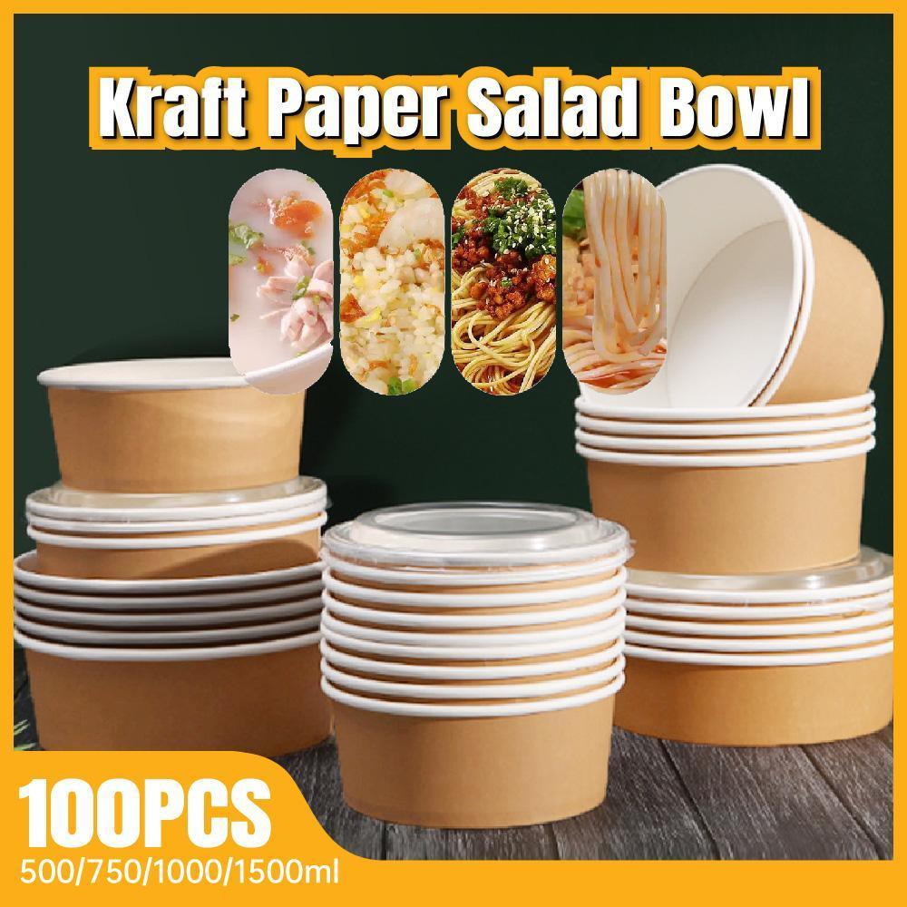Take-Away Kraft Paper Salad Bowl Food Grade Takeout Tableware Food Bowl With Lid - 750ML
