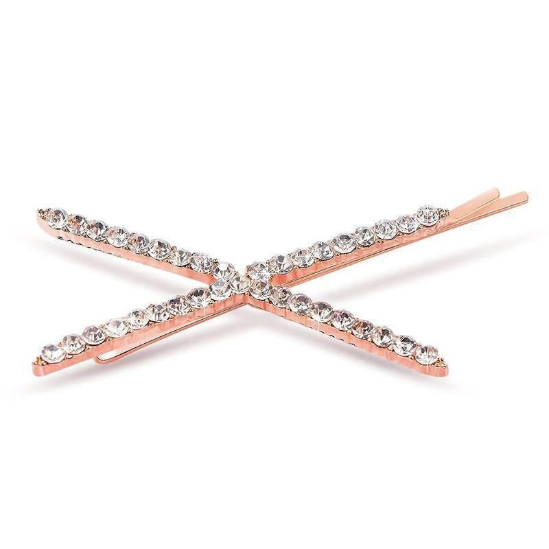 X Shaped Crystal Rhinestone Hair Clip Pin Barrette Hairpins Headwear Accessories - Rose Gold