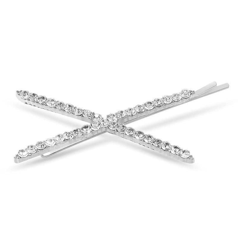 X Shaped Crystal Rhinestone Hair Clip Pin Barrette Hairpins Headwear Accessories - Silver