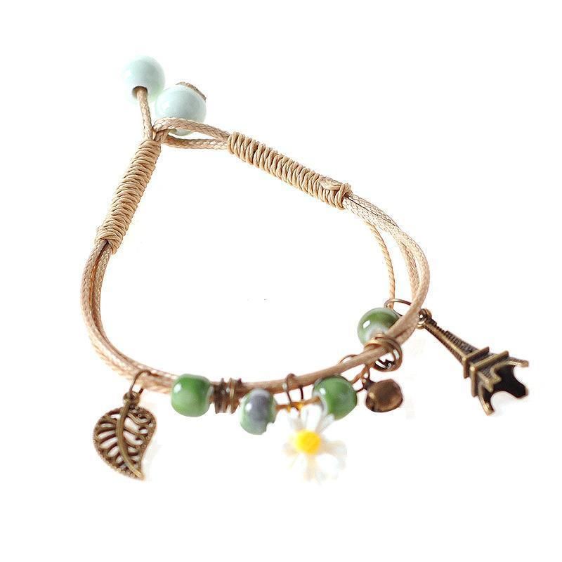 Flower Pendant Waxed Thread Rope Ceramic Beaded Wristband Bracelet Birthday Gift - Design 2