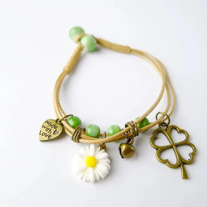 Flower Pendant Waxed Thread Rope Ceramic Beaded Wristband Bracelet Birthday Gift - Design 1