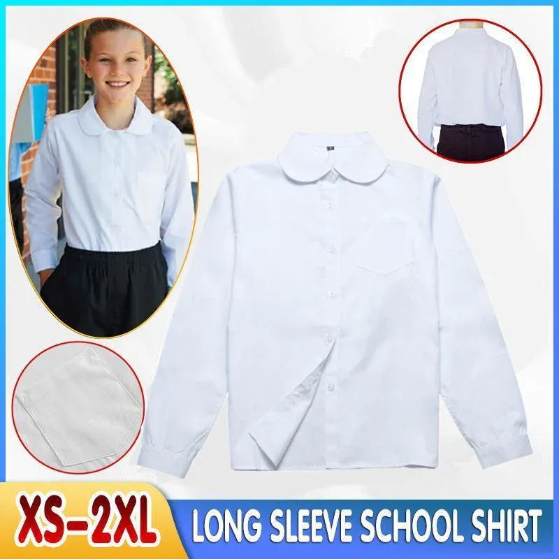 White Girls Peter Pan Collar Long Sleeve School Shirt with two button Adjustable Cuff - M
