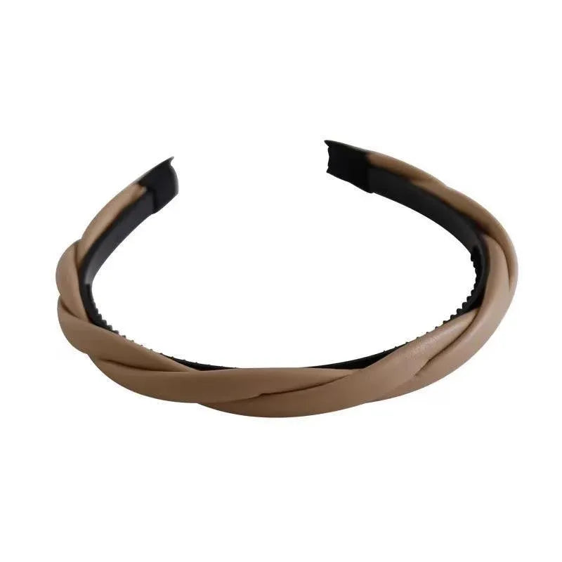 Women Girls Boho Chic Braided Synthetic Leather Hair Headband Head Band Hoop - Curry
