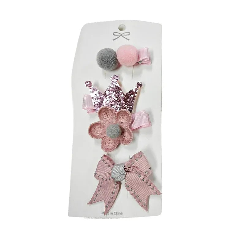 3/4PCS Christmas Hair Clips Set Bow Flower Hairpin Hairgrip Cute Girls Barrettes - Pink Crown Set