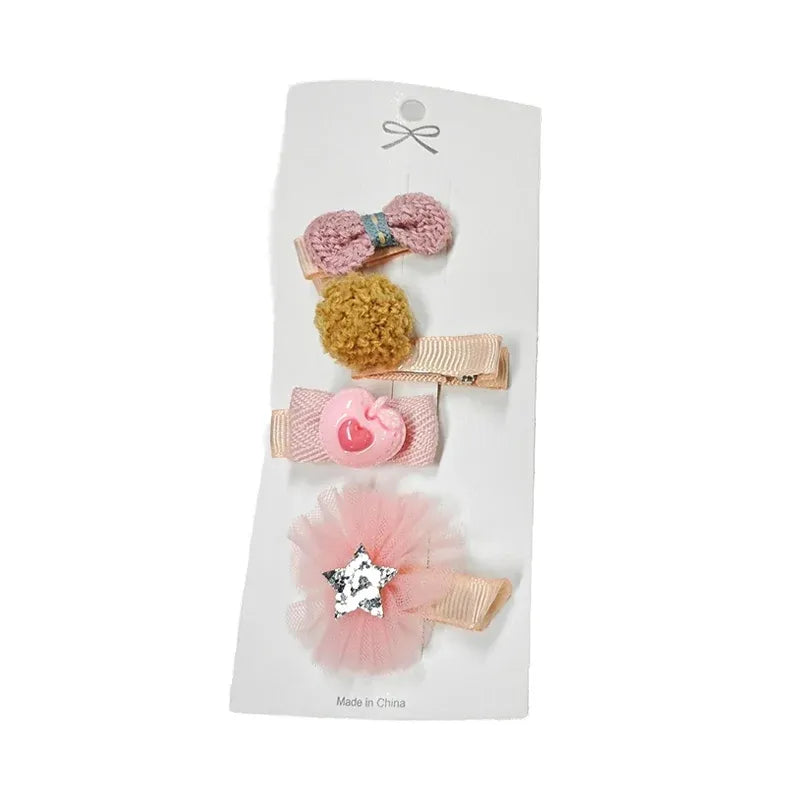 3/4PCS Christmas Hair Clips Set Bow Flower Hairpin Hairgrip Cute Girls Barrettes - Curry Pompoms Set