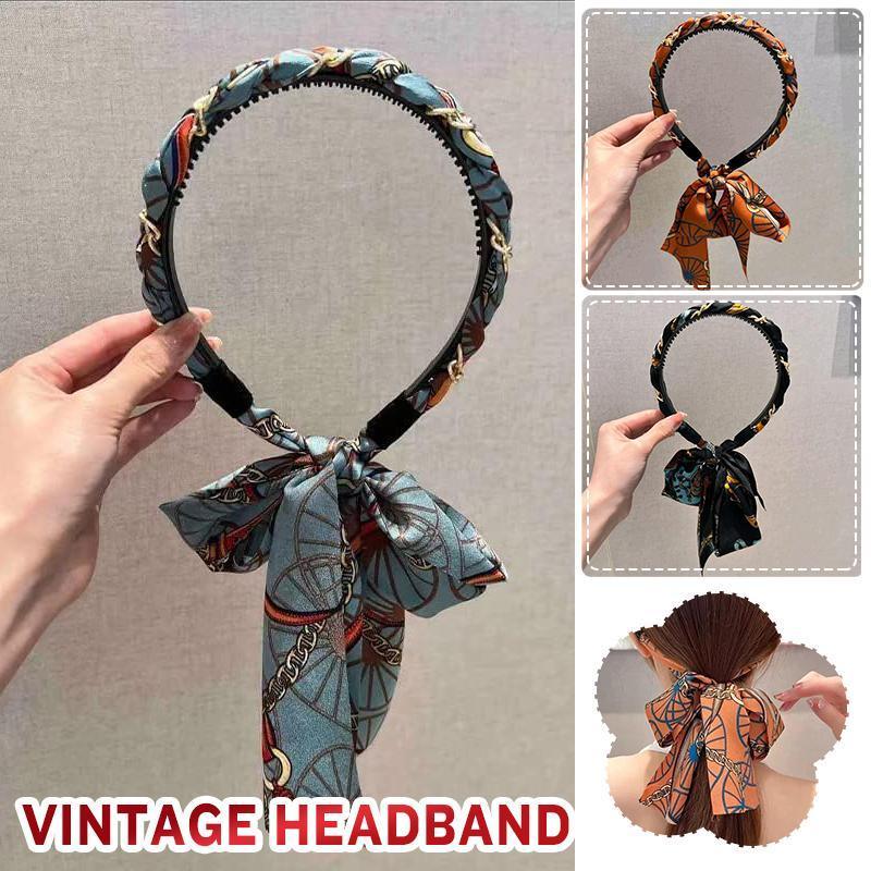 Chains patterned satin headband with Long Scarf Headband Scarf Hair Accessories - Black