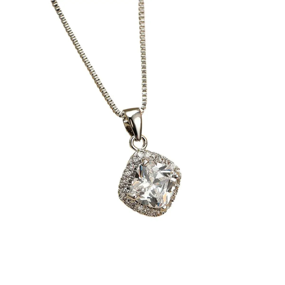 Fashion 925 Sterling Silver Stunning Square Cubic Zircon Pendant Necklace Chain - White