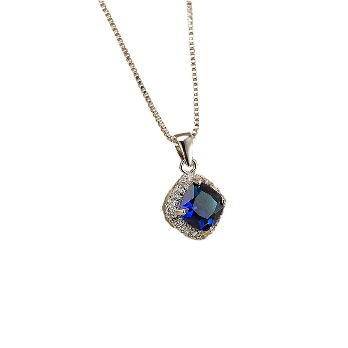 Fashion 925 Sterling Silver Stunning Square Cubic Zircon Pendant Necklace Chain - Blue