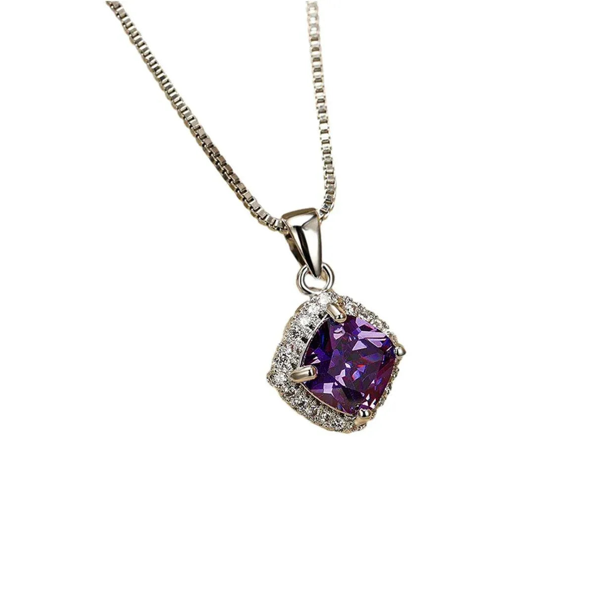 Fashion 925 Sterling Silver Stunning Square Cubic Zircon Pendant Necklace Chain - Purple