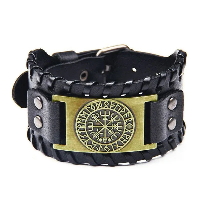 Viking Compass Leather Bracelet Men Adjustable PU Leather Cuff Runes Wristband - Bronze