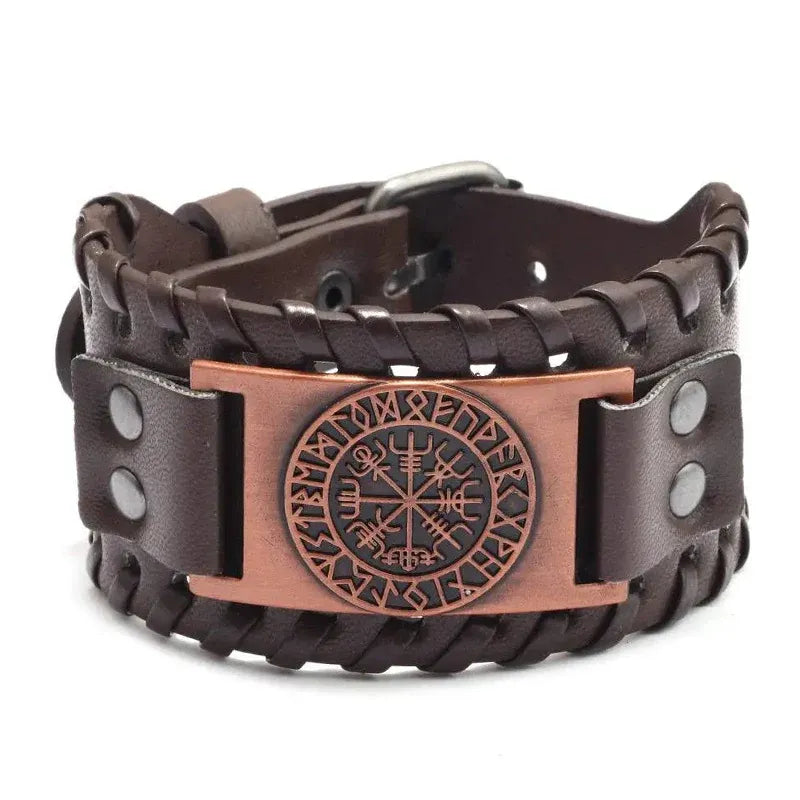 Viking Compass Leather Bracelet Men Adjustable PU Leather Cuff Runes Wristband - Copper