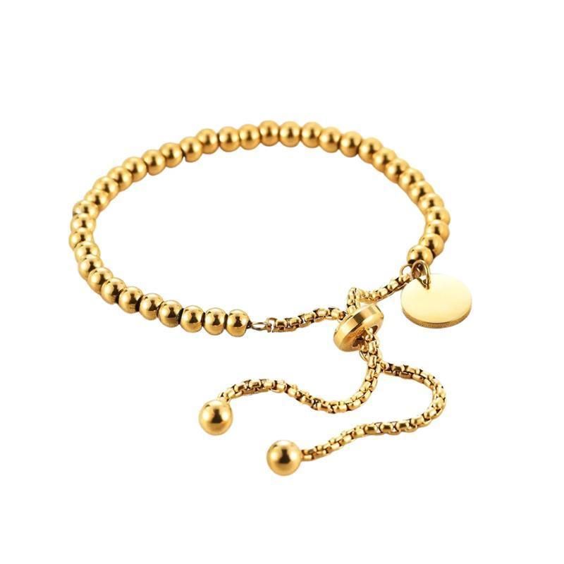 Ladies 18K Gold Plated Titanium Steel Chain Bead Ball Bracelet Cuff Gift - Gold
