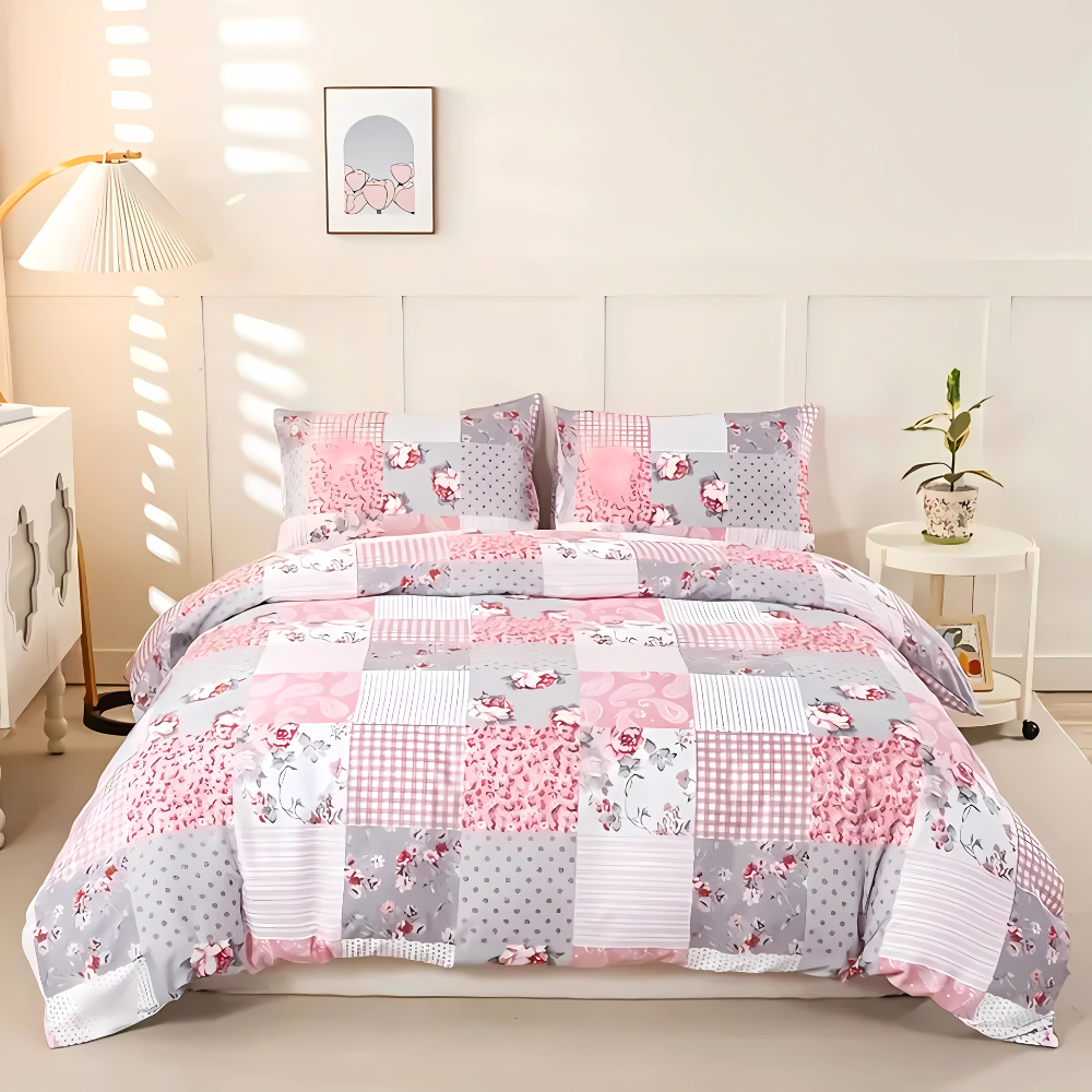 Dreamfields - Soft Pink Plaid Quilt Cover Set - (3pcs, Double Size)