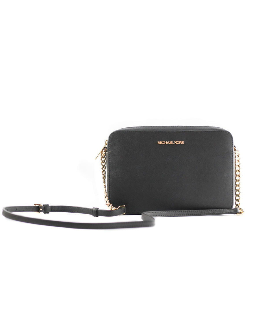 Michael Kors Women's Jet Set Large East West Saffiano Leather Crossbody Bag Handbag (Black Solid/Gold Hardware) - One Si