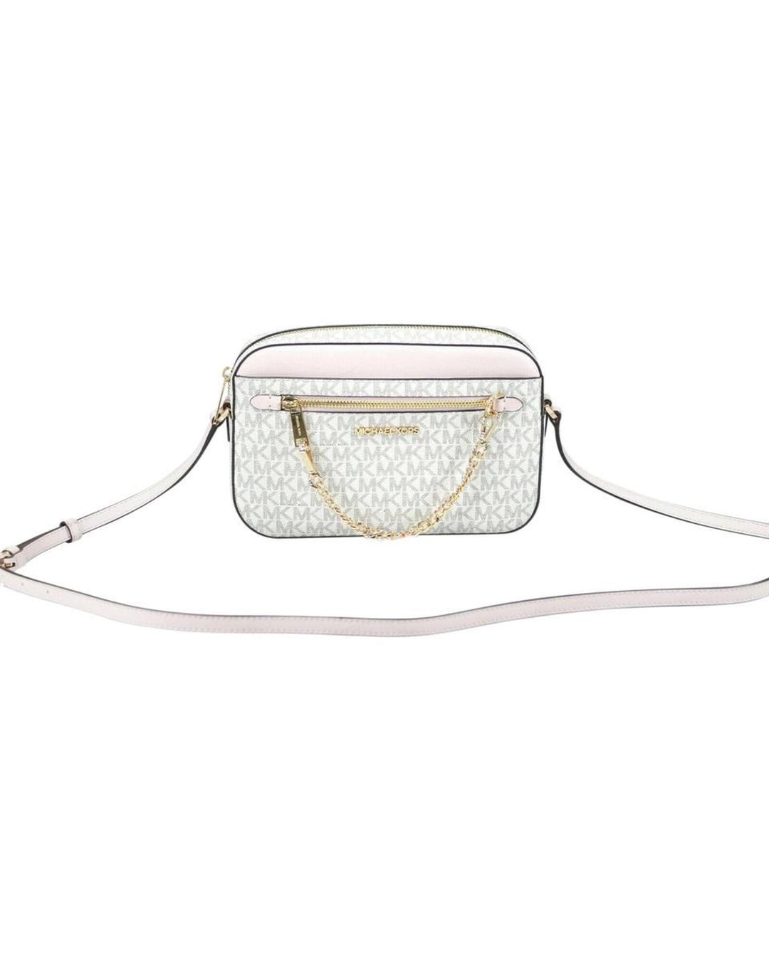 Michael Kors Women's Jet Set Item Large East West Signature Leather Zip Chain Crossbody Handbag (Vanilla PVC/Powder Blus