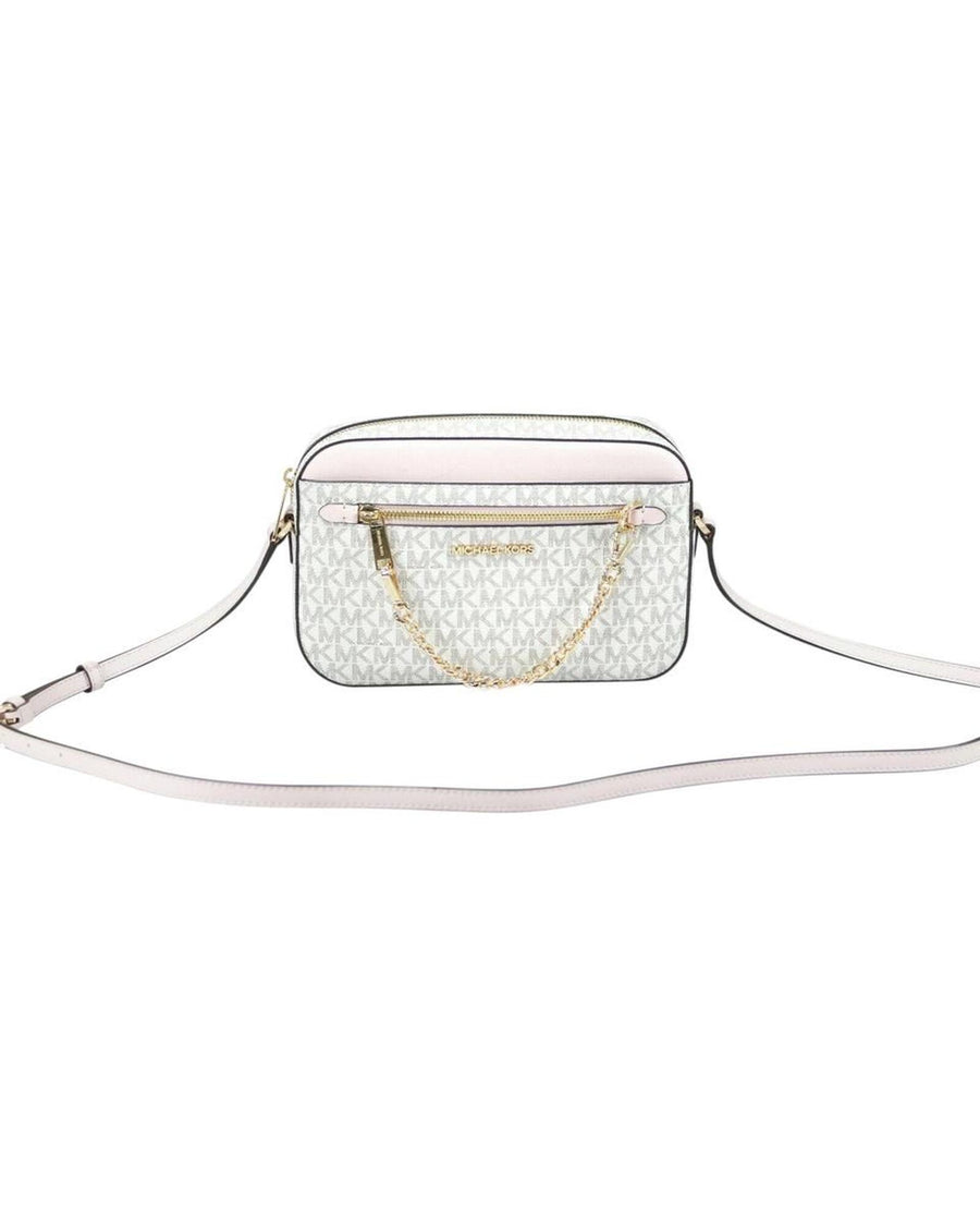 Michael Kors Women's Jet Set Item Large East West Signature Leather Zip Chain Crossbody Handbag (Vanilla PVC/Powder Blus