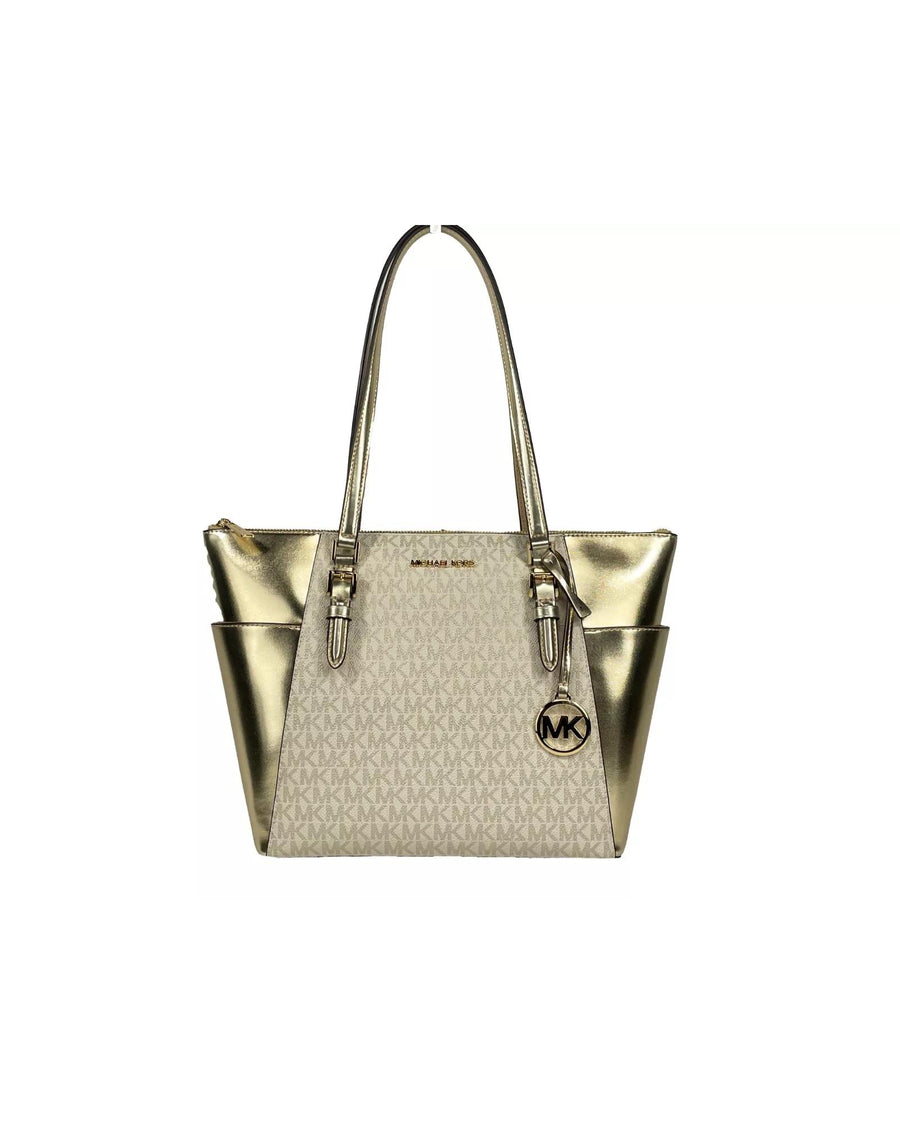 Michael Kors Women's Charlotte Large Leather Top Zip Tote Bag Purse Gold - One Size