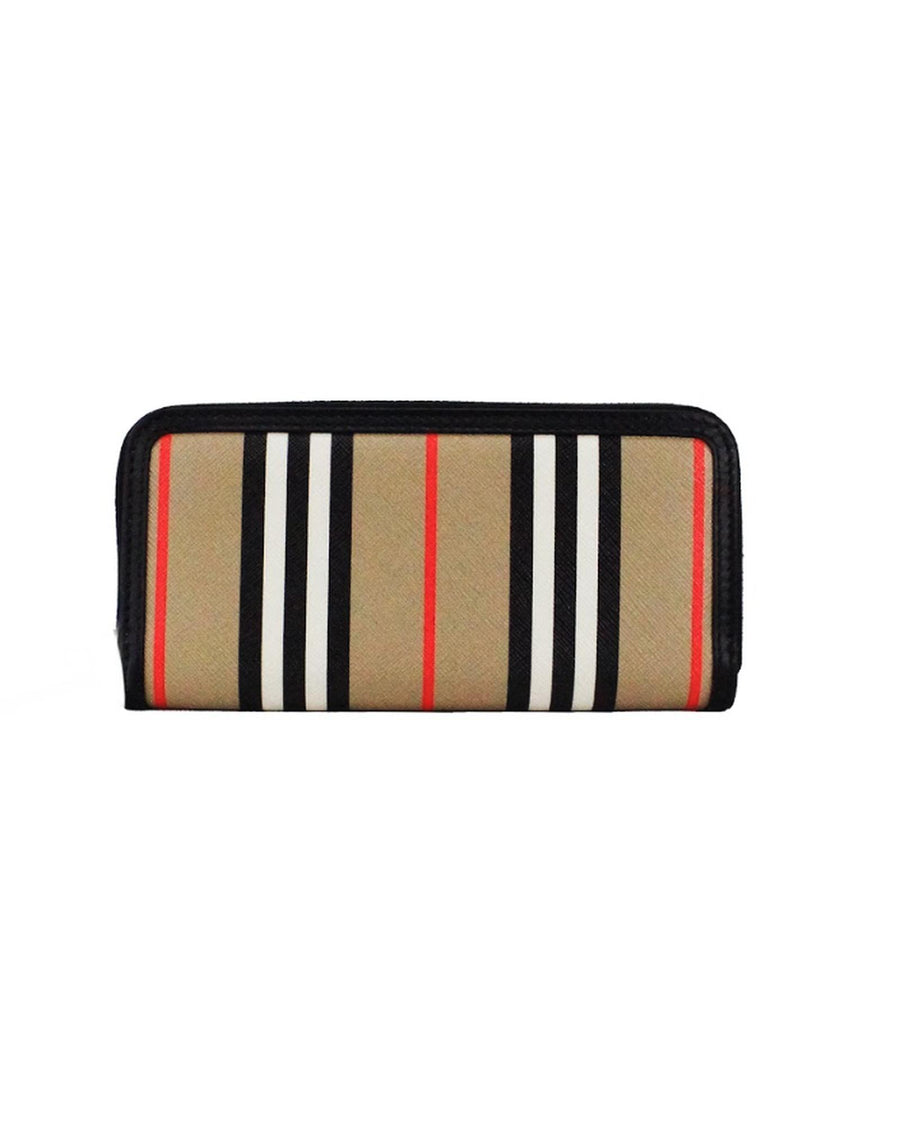 Burberry Women's Ellerby Black Leather Icon Stripe Canvas Zip Around Continental Wallet - One Size