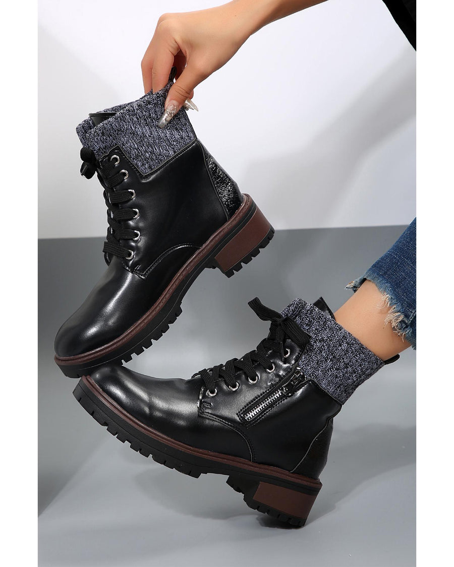 Black Knitted Patched Lace-up Heeled Ankle Boots - 42 EU