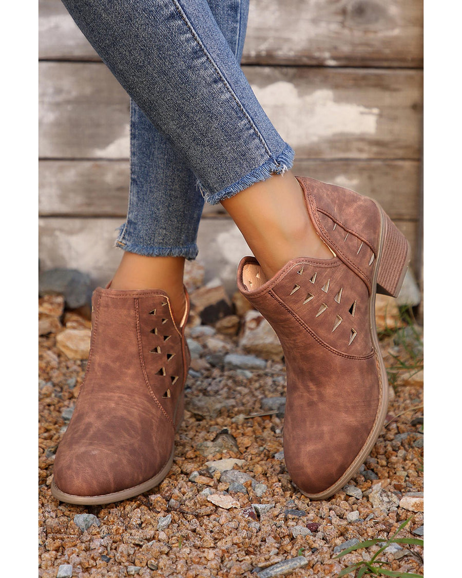 Red Sandalwood Cut Out Suede Pointed Toe Heeled Ankle Boots - 39 EU